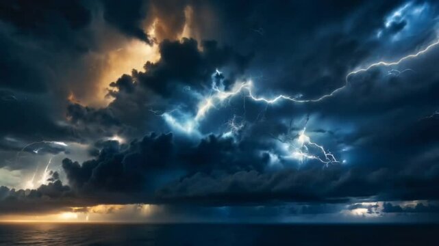 A powerful storm rages over the ocean, with intense lightning bolts illuminating the dark clouds. The sky glows with blue and golden hues, creating a dramatic and electrifying atmosphere.