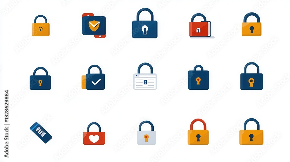 Poster this image contains a set of 15 detailed padlock icons that convey various aspects of security encry