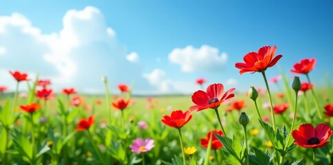 Fototapeta premium Marguerites blooming in a lush green meadow under the clear blue sky, blue sky, marguerites