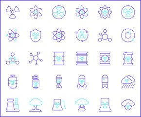 Nuclear And biohazard Technology Icon Set. Vector collection of energy, power, danger, atom, bomb, plant, barrel, molecule, radiation and elements symbols or logo element.