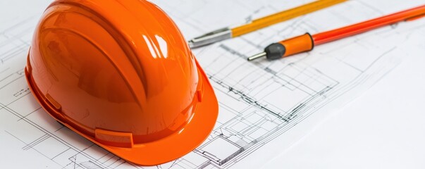 A bright orange hard hat rests on engineering blueprints, alongside yellow and orange pens, symbolizing construction and planning.