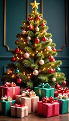 Colorful wrapping paper and bows overflowing from a grand golden tree, paper, colorful