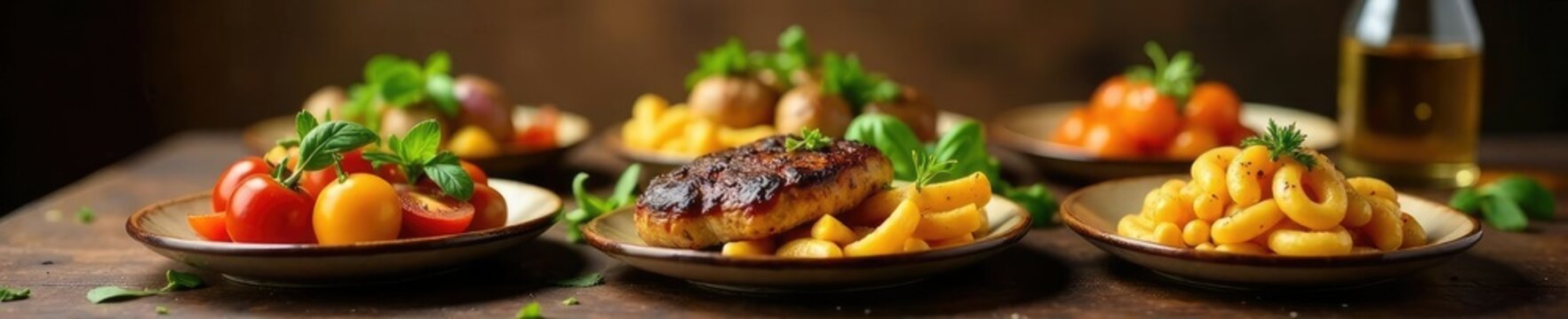 Comida para presentar en una mesa con decoraci?n, comida, platos