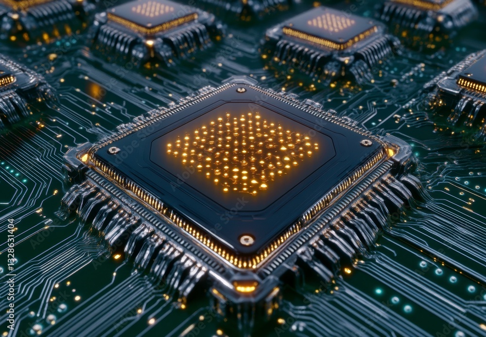 Poster close up view of a central processing unit (cpu) chip on a circuit board, illuminated with warm, gol