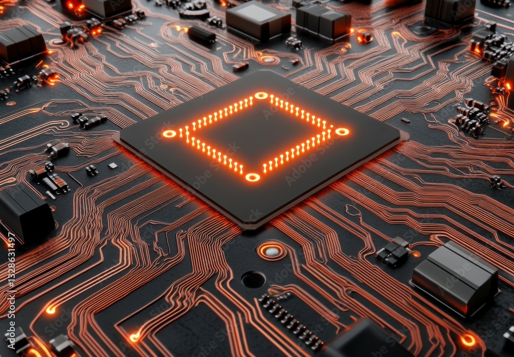 Poster close up view of a circuit board with a central processor illuminated with orange light. the intrica