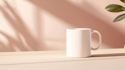 Minimalist white mug on neutral surface product photography indoor setting soft lighting modern aesthetic