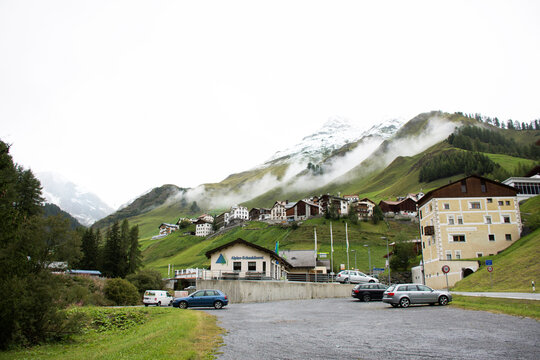 Villages of Tschlin and Ramosch at beside road and street for go to Samnaun high Alpine village