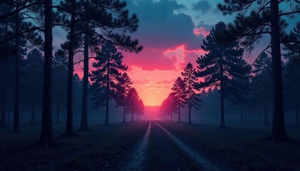 Fototapeta premium Empty forest at twilight with only trees visible against the sky, emptiness, vastness, calm