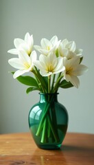 Elegant white flowers in a sleek green vase on a wooden table, greenery, floral arrangement