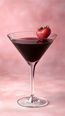 A dark red cocktail in a martini glass, garnished with a strawberry, set against a pink background