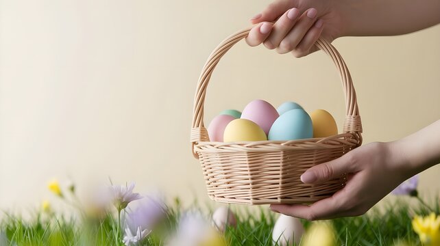 	
Giovane donna o mamma che nasconde le uova colorate di Pasqua nel giardino per la caccia alle uova	