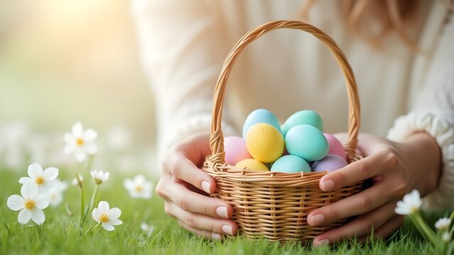 	
Giovane donna o mamma che nasconde le uova colorate di Pasqua nel giardino per la caccia alle uova	