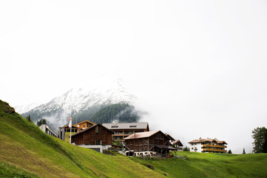 Villages of Tschlin and Ramosch at beside road between go to Samnaun is a high Alpine village and a valley at Graubunden region in Switzerland