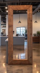 A large, dark brown wooden framed mirror stands in a modern office interior reflecting a view of desks, plants and windows. Polished concrete floors. 