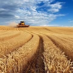 Obraz premium Harvesting machine collecting grain from an endless wheat field