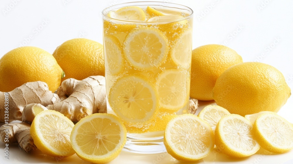 Poster refreshing drink with lemon slices and ginger root. close up view of carbonated water with lemon and