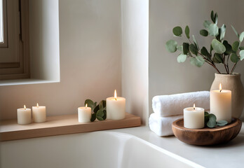 Creative interior concept. Minimalist home spa by bathtub with candles, white towels and eucalyptus leaves with sunlight shining through window. Template for product presentation. copy text space	
