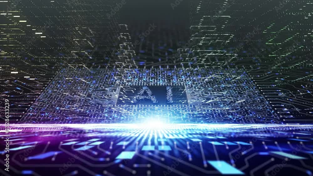 Poster looped futuristic cyberspace with ai caption artificial intelligence motherboard animation backgroun