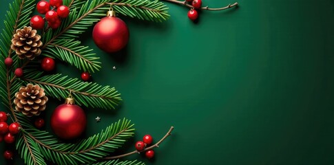 Evergreen branches with pinecones and berries on a dark green background, ornaments, wreath