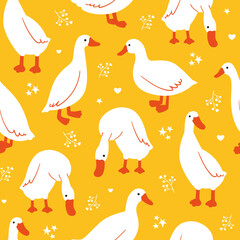 Seamless vector pattern with cute white geese. Stylised print with domestic birds for children's textile