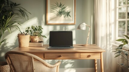 Serene home office workspace with a sleek laptop on a wooden desk, surrounded by lush green indoor plants and bathed in warm natural sunlight&mdash;perfect for a productive work-from-home setup