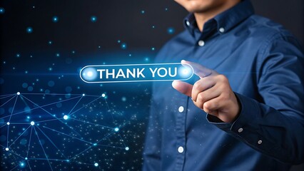 "Gratitude in a Digital Age: Glowing 'THANK YOU' Button with Human Interaction and Tech Elements"