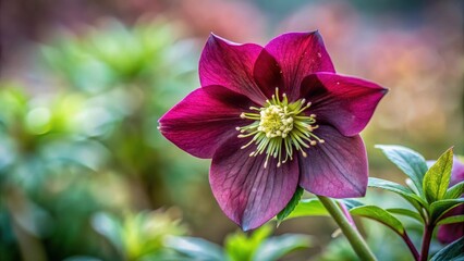 A single deep purple hellebore blossom, showcasing its intricate details and vibrant color against a soft-focus background of lush green foliage