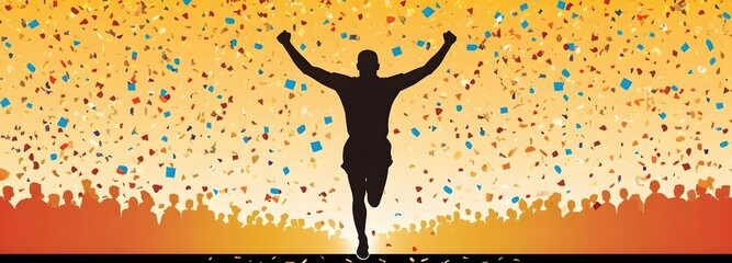 Silhouette of Victory: A determined runner, silhouetted against a radiant backdrop of confetti, celebrates a triumphant finish, encapsulating the spirit of achievement and perseverance.