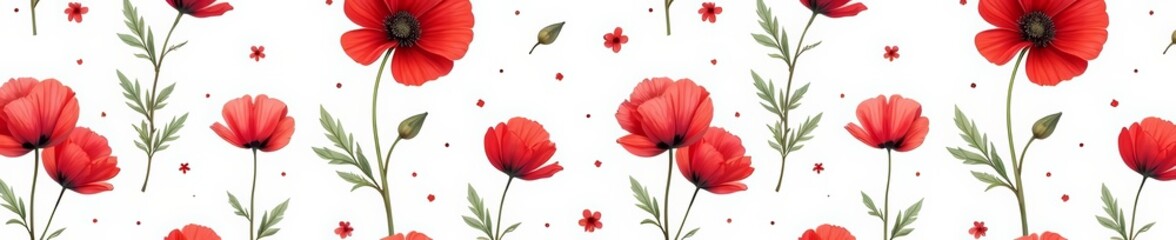Obraz premium Delicate seamless pattern featuring small red poppies on a white background, flowers, white