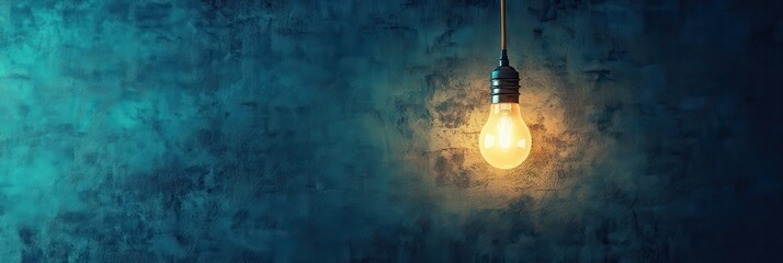 Single glowing light bulb against a textured blue wall, creating a serene and contemplative atmosphere.