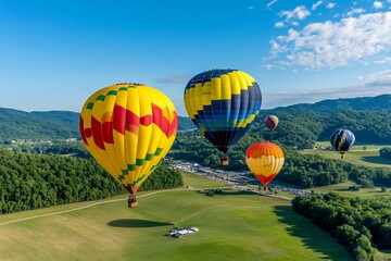 Fototapeta premium Vibrant Hot Air Balloons Ascending Over Lush Green Hills Under a Sunny Sky