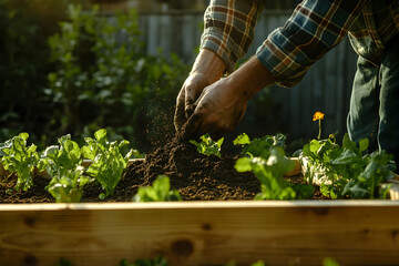 Fototapeta premium Gardener tending to raised bed, pouring soil, wearing plaid shirt and gloves, earthy and natural scene