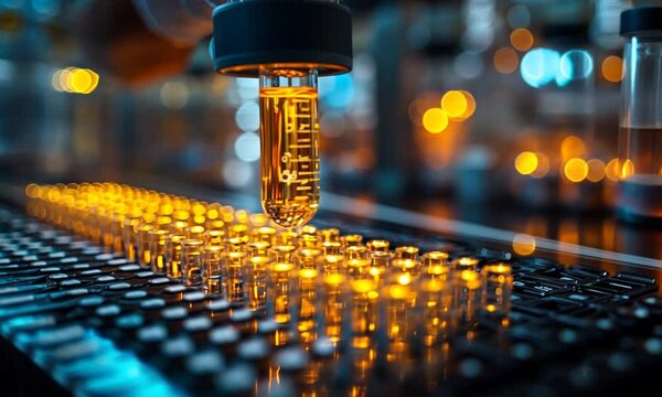 Laboratory scene showcasing a robotic arm placing a dropper into a row of test tubes filled with orange liquid, with blurred background equipment indicating a high-tech research environment