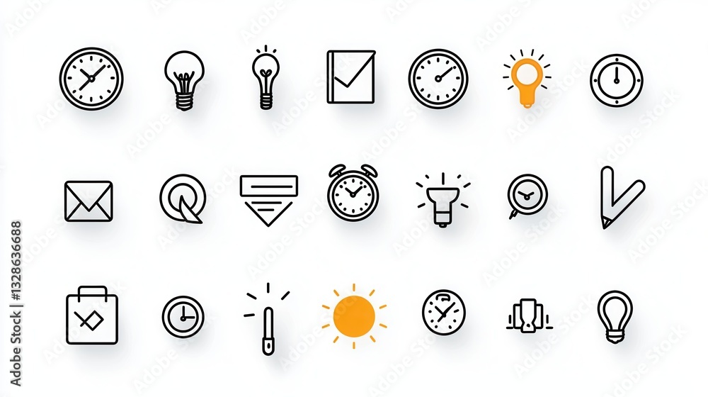 Poster a comprehensive set of 15 unique outline icons representing various time sensitive and deadline rela