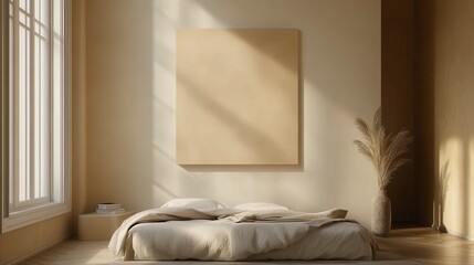 Beige bedroom interior with large canvas, sunlight, and minimalist decor. Calm and serene atmosphere. 