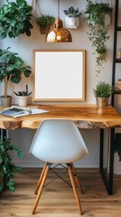A minimalist home office features a live edge wooden desk, white chair, blank frame, and abundant indoor plants against a white wall. Natural light illuminates the space.