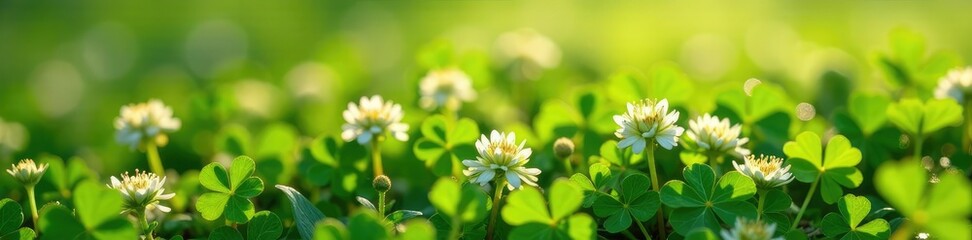 Small patches of clover on soft ground in loose formation, flowers, background, shadow