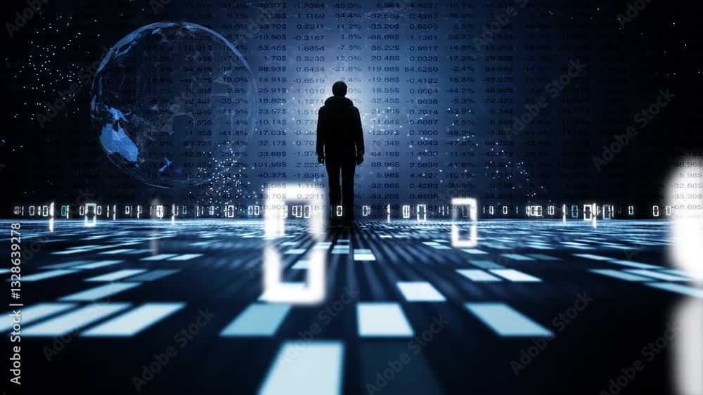 Poster silhouette of a businessman in loop digital cyberspace with earth planet loop rotation.