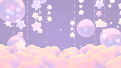 3D render dreamy pastel hanging stars and bubbles on clouds.
