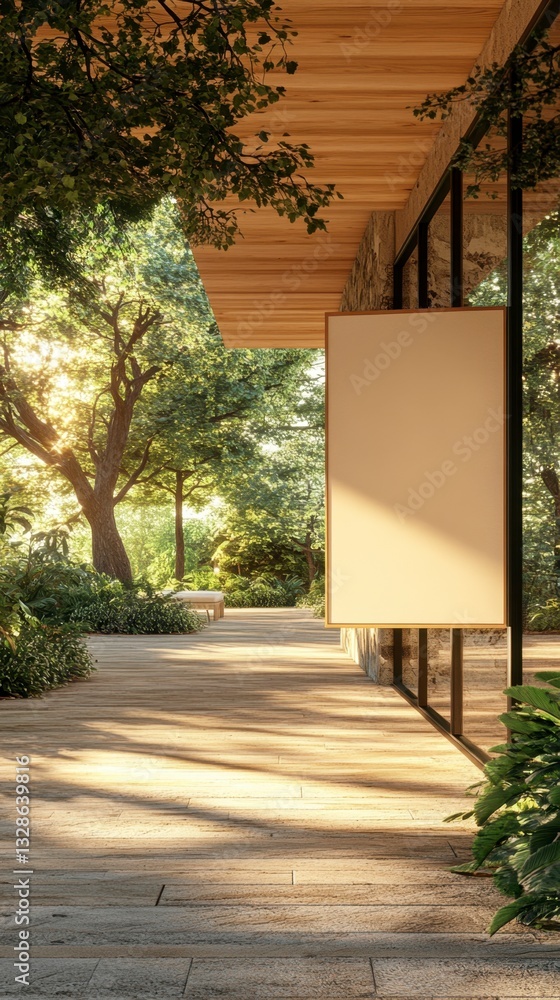 Poster sunlight streams through lush green foliage into a modern building with a blank vertical sign, creat
