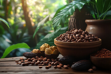 Fototapeta premium A product display of ceremonial cacao chunks and cocoa beans