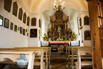 Architecture interior of small church for Swiss people and foreigner travelers praying and visit at Samnaun village