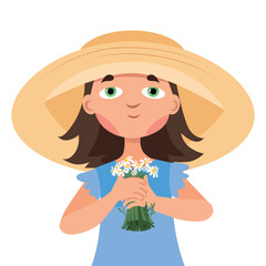 A girl with a bouquet of daisies on a white background
