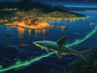 Fototapeta premium Nighttime shark glides over glowing path near coastal town