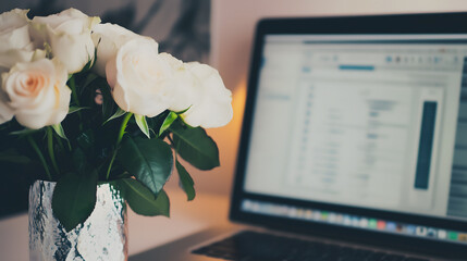 In home office with white roses on top of with desk with laptop showing seo search engine data on screen