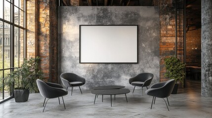 Modern industrial waiting area with gray chairs, a low table, and large blank frame on exposed brick wall. Natural light from large windows. 