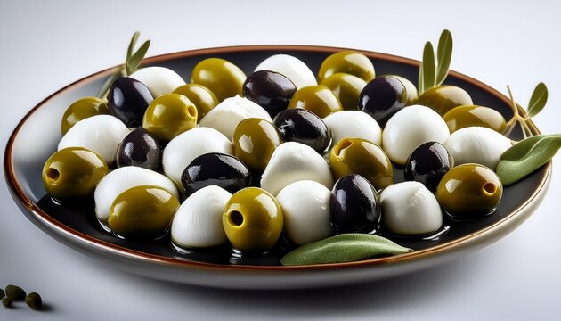 starter of green olives black olives capers buffalo mozzarell