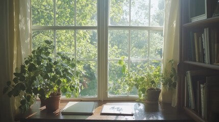 Fototapeta premium Sunlit Windowsill Serenity: Plants, Books, and Tranquil View