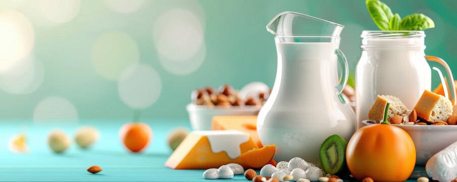 variety of dairy and plant based alternatives are displayed vibrant turquoise surface, including milk glass pitchers, nuts, cheese, and fresh fruits like kiwi and oranges, creating fresh and