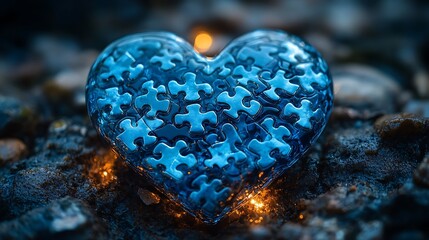 Obraz premium Elegant Heart Puzzle Glass Effect Fantasy Art Glowing Blue Light